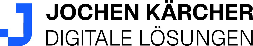 Stilisiertes blaues J und Schriftzug Jochen Kärcher - Digitale Lösungen