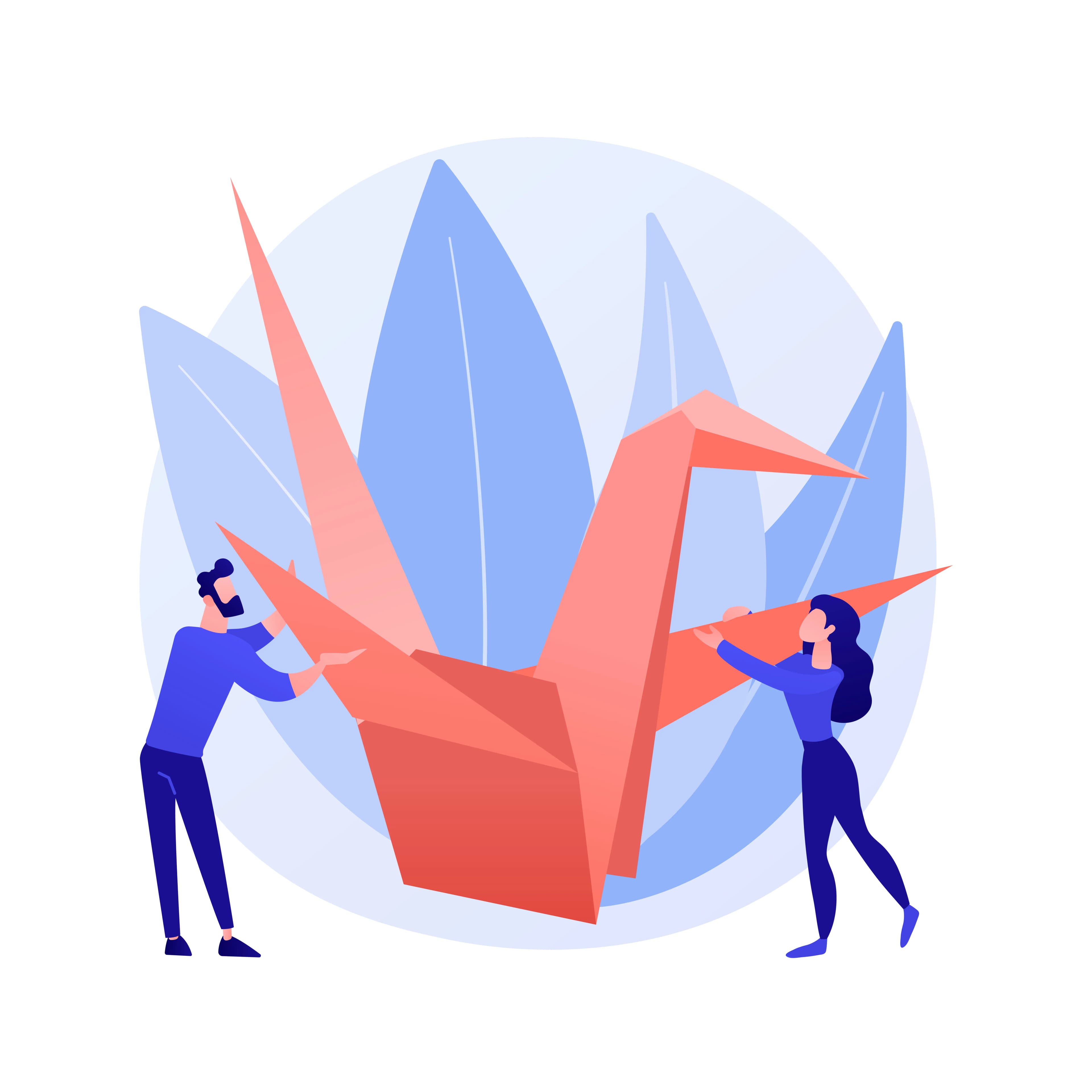 Illustration von zwei Personen, die gemeinsam einen riesigen roten Origami-Kranich halten. Im Hintergrund sind große stilisierte blaue Blätter zu sehen.